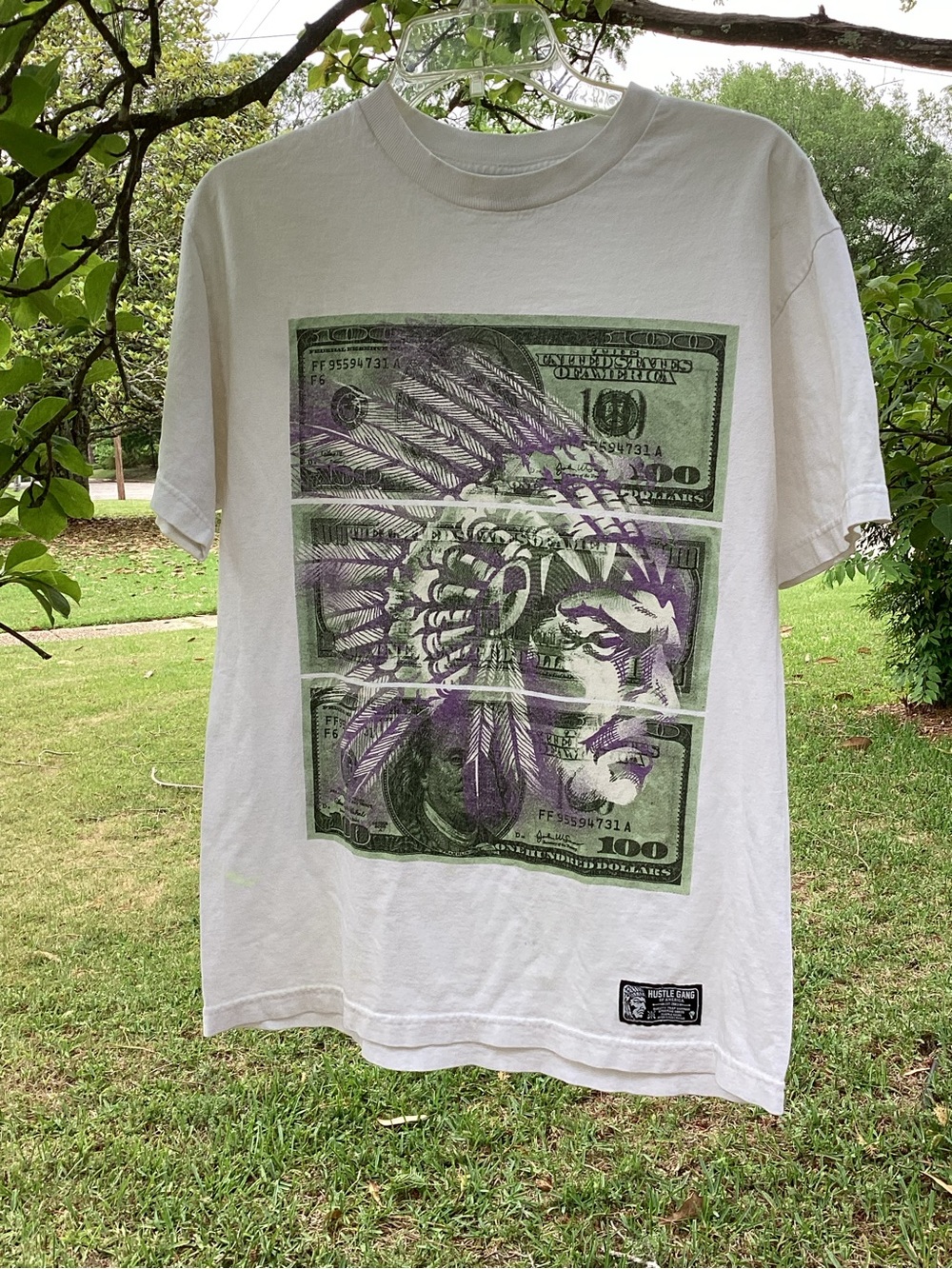 Hustle Gang White Short-Sleeve Tee with Green & Purple Money Headdress Print